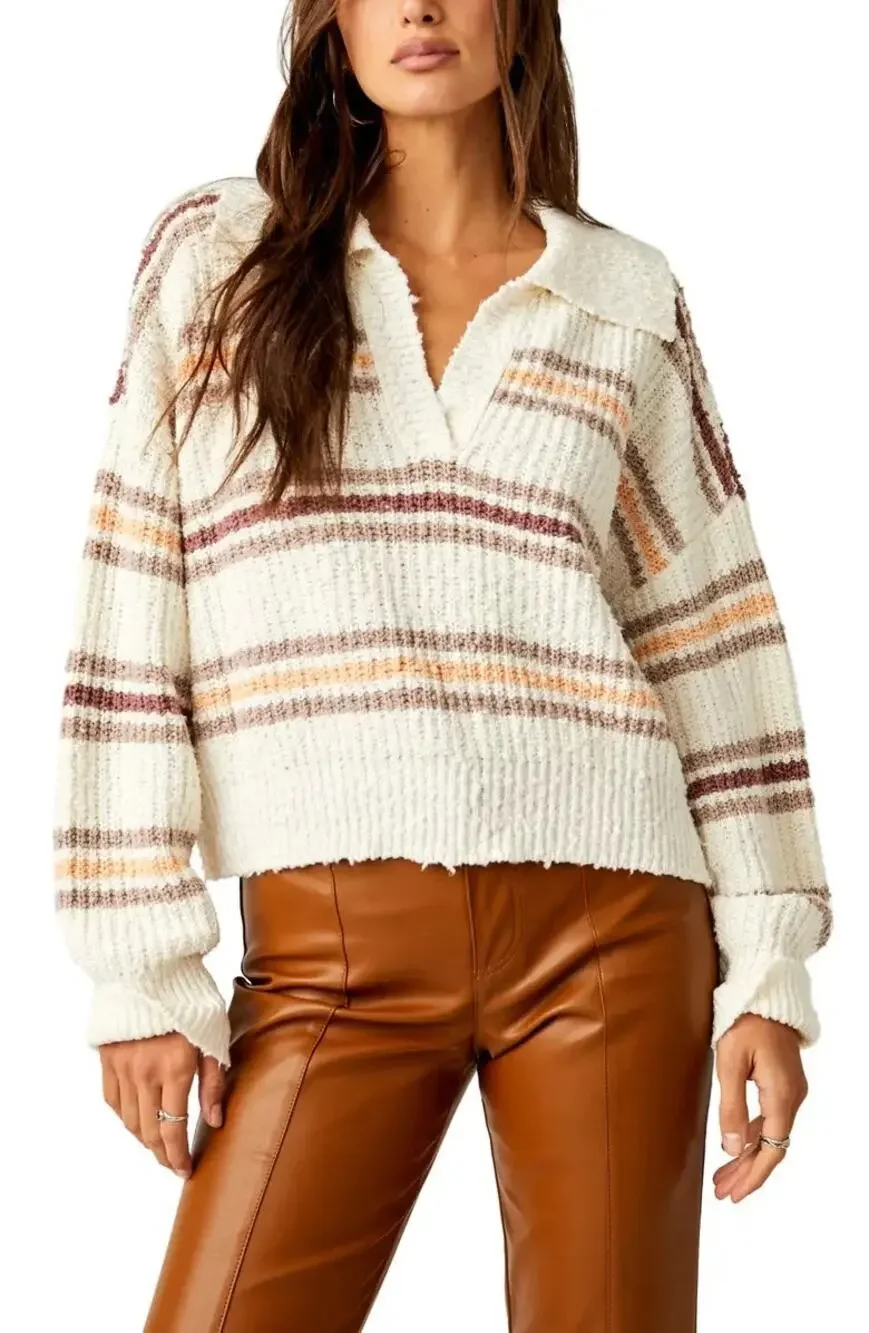 Free People Kennedy Striped Collared Cropped Chunky Knit Sweater Size Large